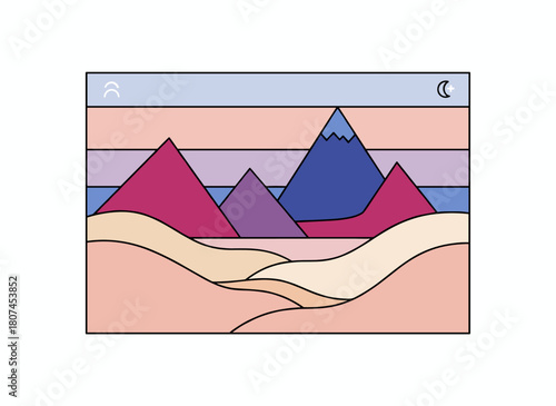 Abstract landscape poster with a contemporary modern nature theme, presented in a vertical card design featuring a mountain peak against a scenic background, styled as trendy wall art with a peaceful