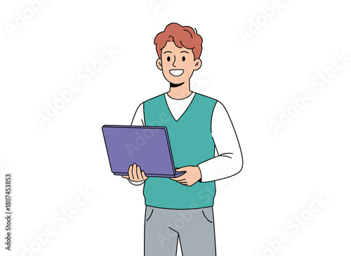 A smiling, bearded adult coder in casual clothes, working remotely with a laptop, illustrated as a flat vector cartoon on a white background