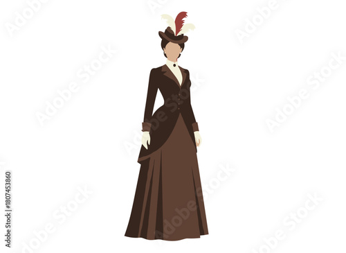 A cheerful woman depicted in a flat vector illustration wearing everyday clothing from the 1900s, sporting a retro dress, hat, and handbag, set against a white background, showcasing 19th‑century