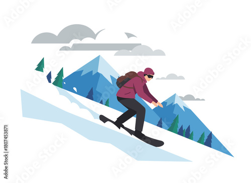 A snowboarder glides down a slope at a mountain resort, enjoying the snowy landscape of the Alps during winter holidays, depicted in a flat vector illustration of extreme sports