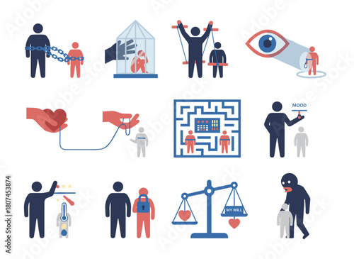 An unhealthy toxic relationship lacking boundaries and personal space, featuring obsessive intrusive individuals, explores psychological concepts of manipulation and control, depicted as a flat