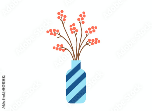 A flat vector illustration on a white background shows flowers in a vase, loral branches adorned with red holly berries and winter twigs, and seasonal natural decor featuring winterberry sprigs