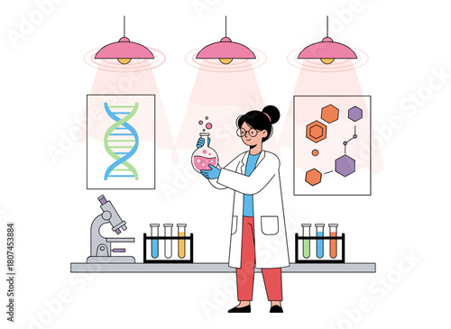 A female researcher performs a medical experiment to discover a vaccine, holding a flask in a laboratory setting, depicted in a flat cartoon vector illustration