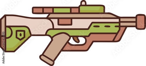 Futuristic rifle icon with simplified geometric shapes and brown and green color scheme.