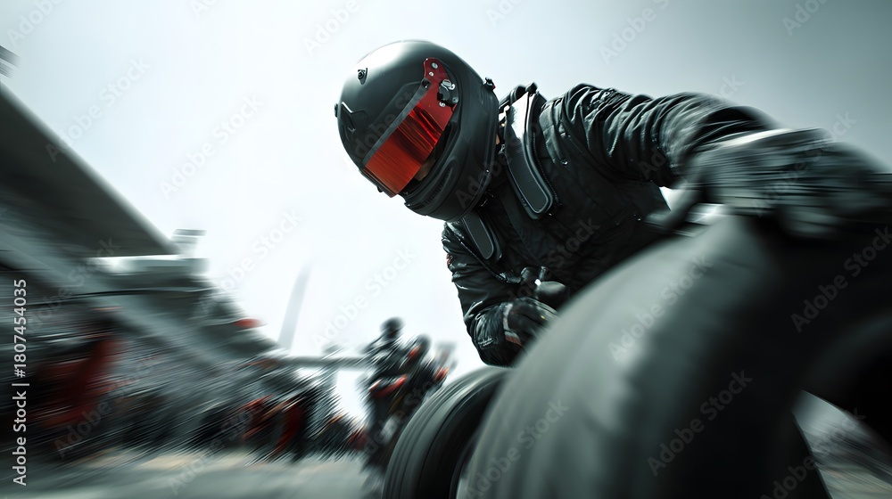 Obraz premium Formula One pit crew member changing a tire during a race
