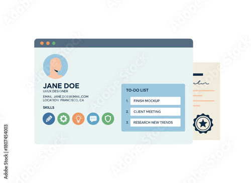 A profile card displaying personal details, data, customer stats, and abstract metrics; an account featuring an avatar, personal ranking, and rating evaluation; a flat vector illustration set against