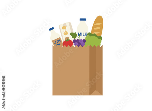 A paper bag filled with fresh groceries—vegetables, fruits, dairy, and other items—illustrated in a vibrant, market-shopping scene
