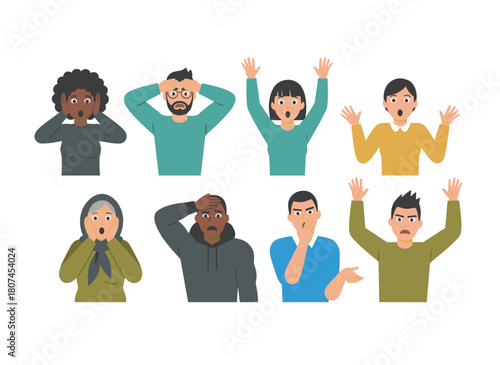 People block their ears with hands and fingers, ignoring bothersome sounds and noise; sensitive characters avoid hearing and listening, shown as a flat vector illustration on a white background