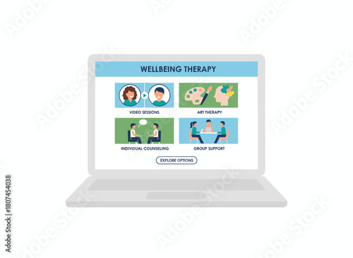 A laptop screen displays an online video interview streaming on a digital platform, with a web interface shown on a notebook computer, all rendered as a flat vector illustration on a white background