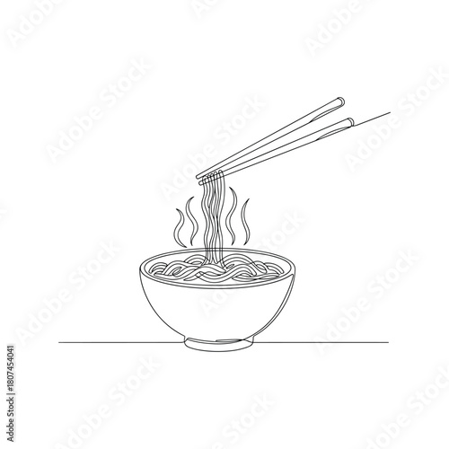 Hand drawn sketch of steaming noodles being lifted with chopsticks from a bowl