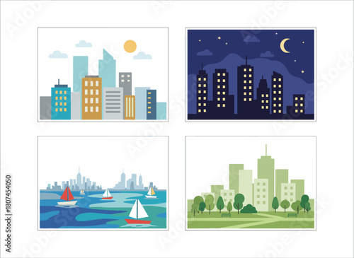 Set of city posters featuring downtown skyscrapers, seaside homes, modern high-rises, multi-story towers, cityscape cards, and flat vector illustrations