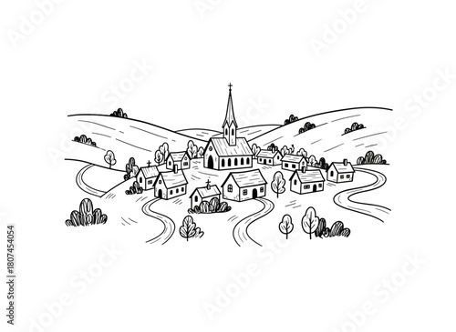 Hand‑drawn black‑and‑white sketch of a Georgian town nestled among hills, depicting a small city’s buildings and streets in a beautiful monochrome vector illustration
