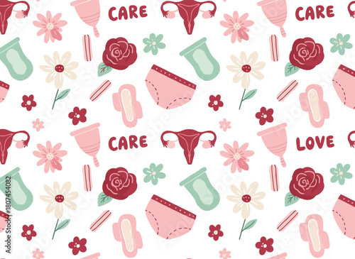 A seamless pattern featuring menstrual blood, women’s underwear, a menstrual cup, a reusable sanitary pad, a uterus, and flowers on a white background, designed for printing as a colored flat vector