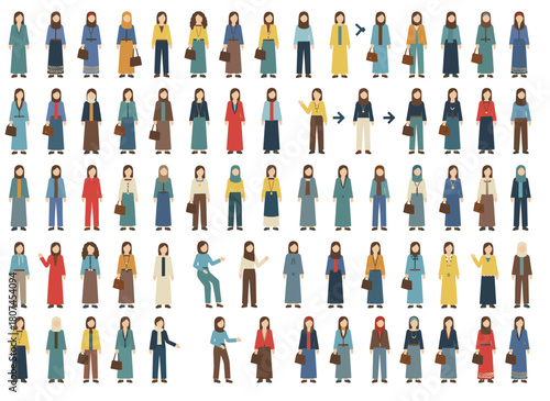 A modern Arab businesswoman construction or creation kit featuring a bundle of female office worker body parts, facial expressions, and traditional clothing isolated on a white background, rendered