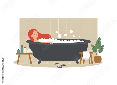 A woman bathes at home, wearing a facial mask and enjoying foam and bubbles in the tub, part of her beauty and body care routine, depicted as a flat vector illustration on a white background