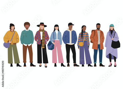 Modern women showcase street fashion outfits, featuring trendy casual attire and urban looks, with young females and girls wearing apparel and accessories in a flat vector illustration set against a