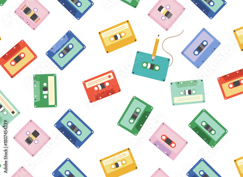 Vintage cassette design featuring a seamless musical backdrop of 90s cassette tapes and pencils, an 80s-style endless repeating texture suitable for printing, a repeatable background, and a printable