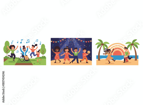 Joyful dancers at a disco party, young friends gathering to celebrate a holiday at a discotheque, enjoying a hangout and celebration at a music club, depicted as flat graphic vector illustrations on