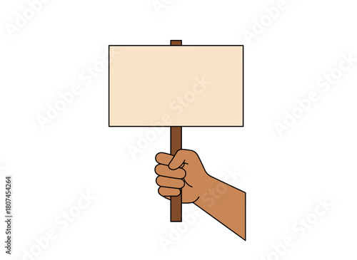 A person holds a blank protest signboard, raising their hand with a paper sheet on a wooden stick, while an empty banner, picket, and strike sign board sit against a clean background in a flat vector