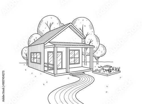 A hand‑drawn illustration of a modern private residential cottage in black and white