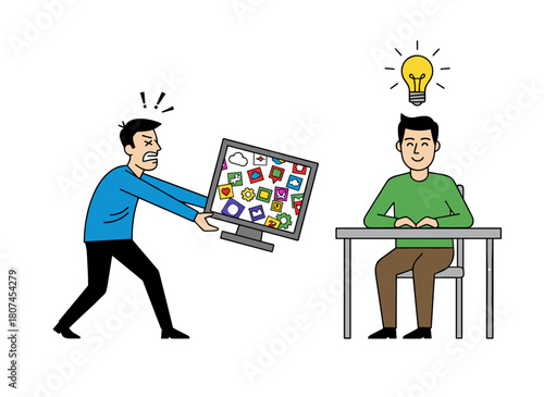 A creator works at his desk while a plagiarist or pirate steals his ideas, content, and results, illustrating the concepts of plagiarism and copyright infringement in a flat, colorful cartoon vector