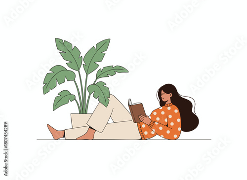 A woman enjoys a leisure read of fiction, happily using an eBook device, shown in a flat vector illustration on a white background