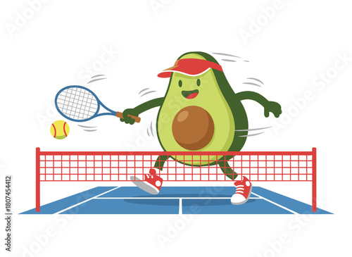 Adorable avocado wearing a cap and trainers plays tennis, depicted as a lively, comic, plump vegetable in a colorful flat vector illustration set against a white background