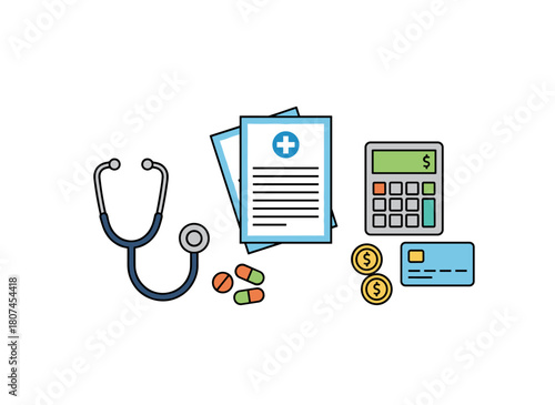 A horizontal banner shows hands completing a health insurance application surrounded by money, paperwork, medical equipment, tools, and pills, rendered as a colored vector line art illustration