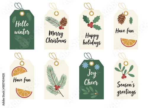 A set of Christmas label or tag templates adorned with seasonal plants such as coniferous tree branches and cones, holly berries and leaves, poinsettia, oranges, and star anise, presented as a vector