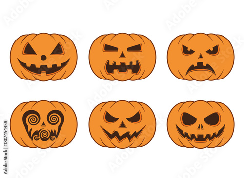 Adorable yet frightening Halloween jack‑o‑lantern characters featuring varied facial expressions, along with spooky, creepy, and humorous lantern head stencils and silhouettes for the Halloween