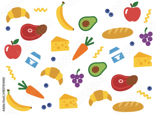 A seamless pattern featuring grocery items on a white background—fruits, vegetables, dairy, fish, and meat—depicted in a colorful flat vector style suitable for wrapping paper or fabric prints