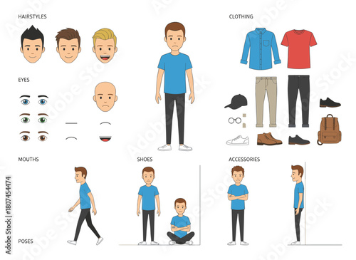A DIY kit for photographers or photo journalists, featuring a collection of body parts, clothing, and professional gear, illustrated as a male cartoon character from front, side, and back views in