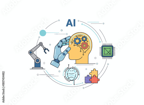 A horizontal, single-color banner featuring a robot, robotic arm, integrated circuits, and hi-tech gadgets, illustrated in contour line style on a white background