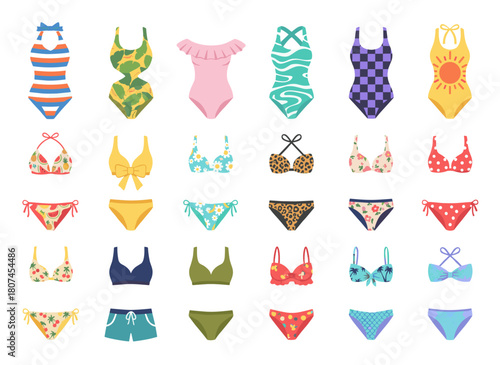A set of chic women's lingerie and swimwear displayed against a white backdrop, featuring trendy underwear, swimsuits, bikini tops, and bottoms in a flat, colorful cartoon vector style