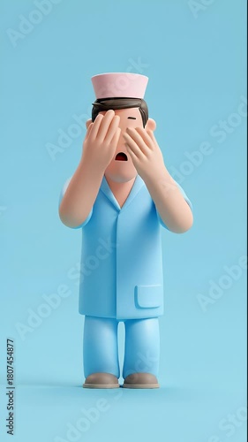 Cartoon Nurse Expressing Shock and Surprise in Various Poses on Blue Background.
