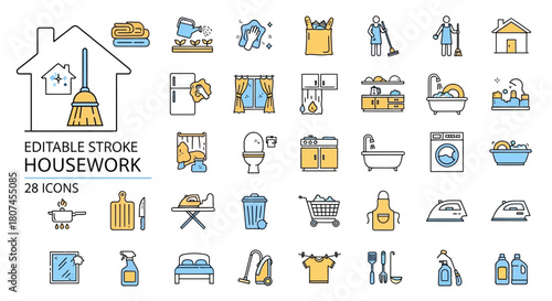 Modern Line Art Housework and Cleaning Icons Collection Editable Vector Graphics for Home Chores and Daily Household Tasks