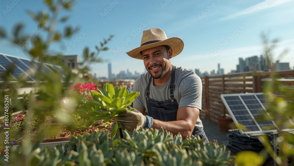 Obraz premium A gardener carefully trims lush rooftop plants beneath shining solar panels under warm sunlight