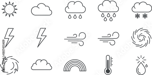 Weather and climate line icon set. Vector pictograms of sun, cloud, rain, snow, lightning, wind, hurricane, rainbow, thermometer, humidity, thin linear illustration.