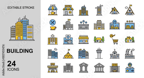 Set of building icons with a flat design, suitable for various applications