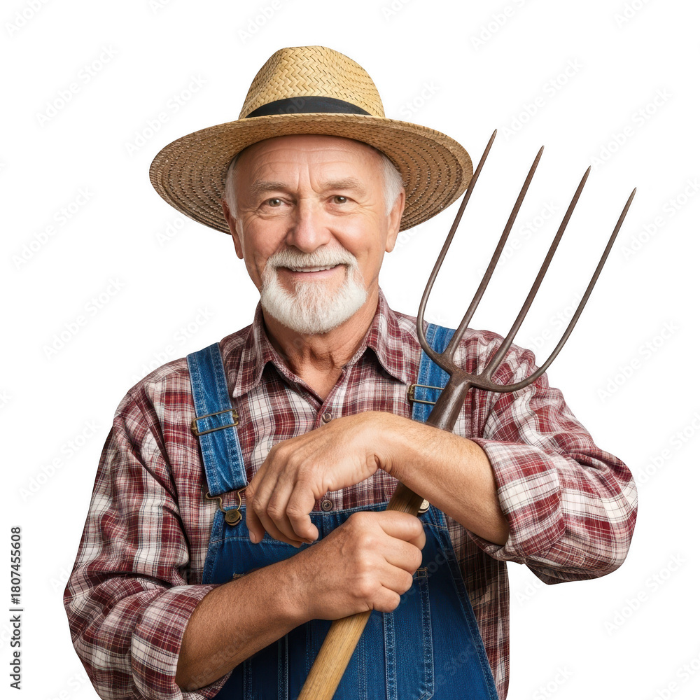 Fototapeta premium Smiling farmer with pitchfork isolated on transparent background