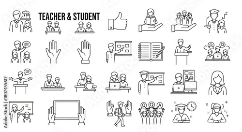 A sleek line icon collection illustrating education concepts like teaching, online learning, student life, and graduation