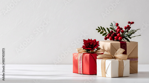 Neatly wrapped Christmas gift boxes placed on one side of a clean white surface, spacious negative space beside them, elegant holiday theme.