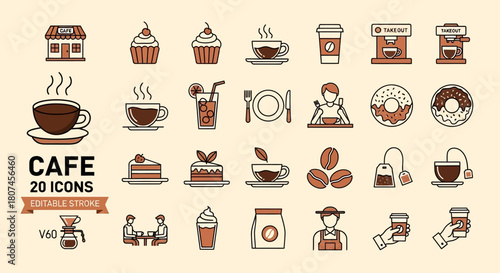 Chic Line Art Icon Set for Cafe and Coffee Enthusiasts, Illustrating Hot Drinks, Sweet Treats, and Essential Shop Elements with a Clean Aesthetic