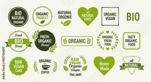Collection of organic food labels and natural product badges. Eco-friendly bio, vegan, and fresh designs for sustainable branding and healthy eating