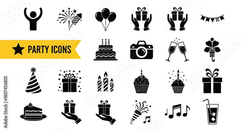 Set of graphic party celebration icons for events and festivities, including gifts, cakes, and music notes