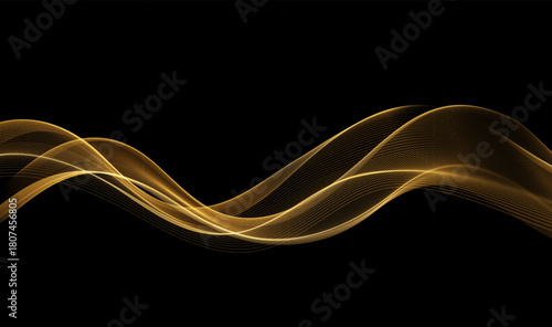 Vector Abstract Shiny Glowing Gold Color Wave. Transparent Golden Wavy Lines. Elegant Luxury background. Black BG