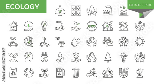 Ecology and Environmental Protection Line Icons Sustainable Living and Green Energy Concepts