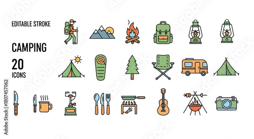 Vector collection of 20 editable stroke icons representing camping and outdoor activities, including tents, hikers, and equipment