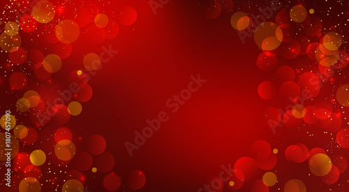 Shiny Festive Background. Abstract Red Gold Glitter Background. Bokeh and Confetti Design Element for Merry Christmas and Happy New Year Banner, Poster, Website Congratulations. Holiday Party BG.