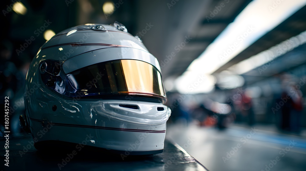 Naklejka premium Racing helmet on a pit lane table, ready for the next race
